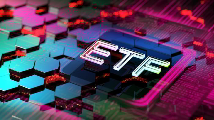 An ETF key against a digital background.