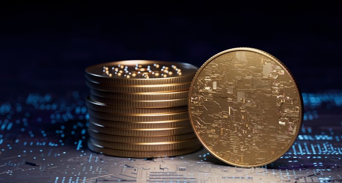 Stack of crypto coins.