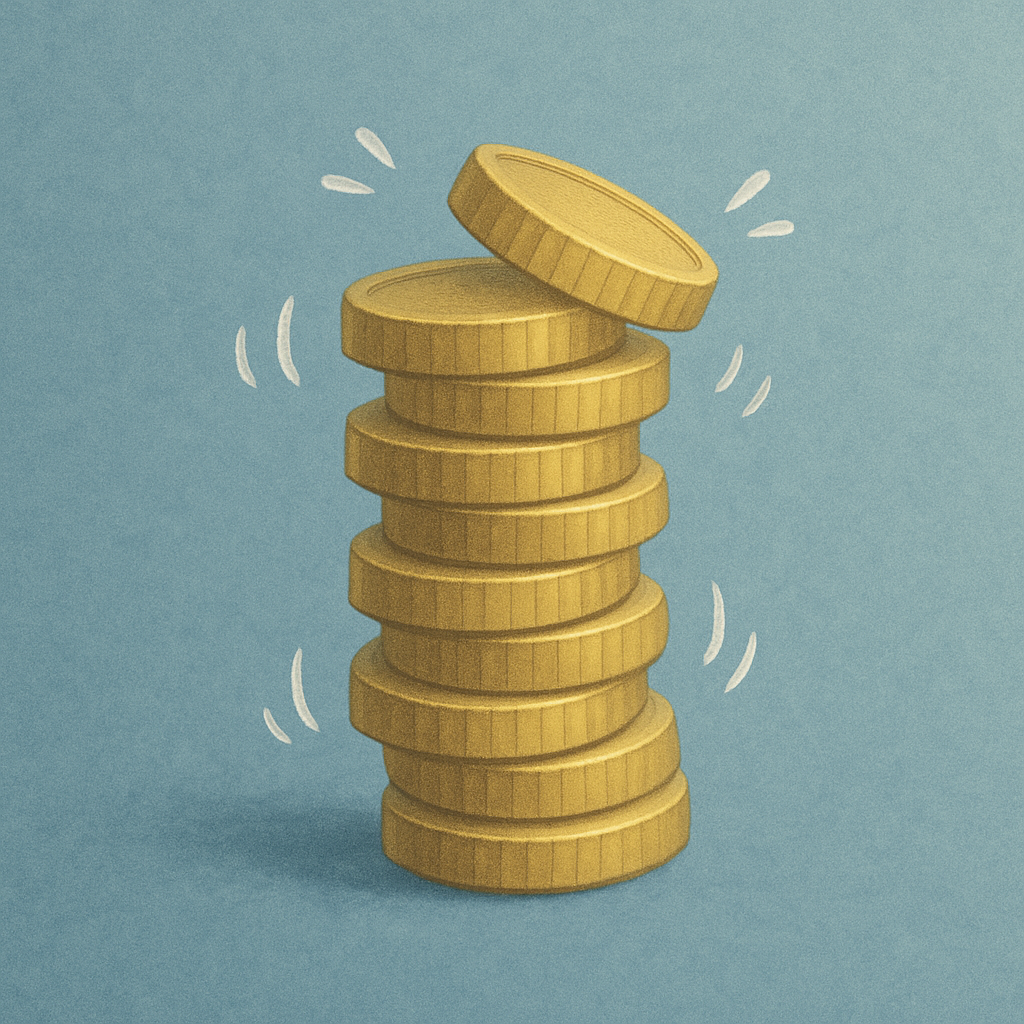 AI-generated cartoon image of a wobbly stack of coins representing the markets.